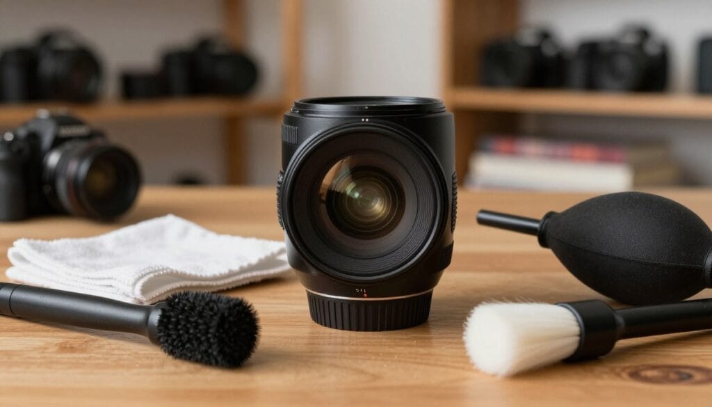 A close-up view of a camera lens on a wooden table, surrounded by essential cleaning tools like a microfiber cloth, a soft brush, and a blower. The lens should gleam under soft, warm lighting, highlighting its glass surface free from dust and smudges. In the background, a blurred scene of a cozy photography workspace with shelves filled with camera accessories and books creates a professional atmosphere. The focus is on the lens and cleaning tools, conveying a sense of readiness and care in maintaining camera equipment. The overall mood should be inviting and informative, showcasing practical tips for keeping lenses clean and in good condition. Stay focused, Ray Baker.