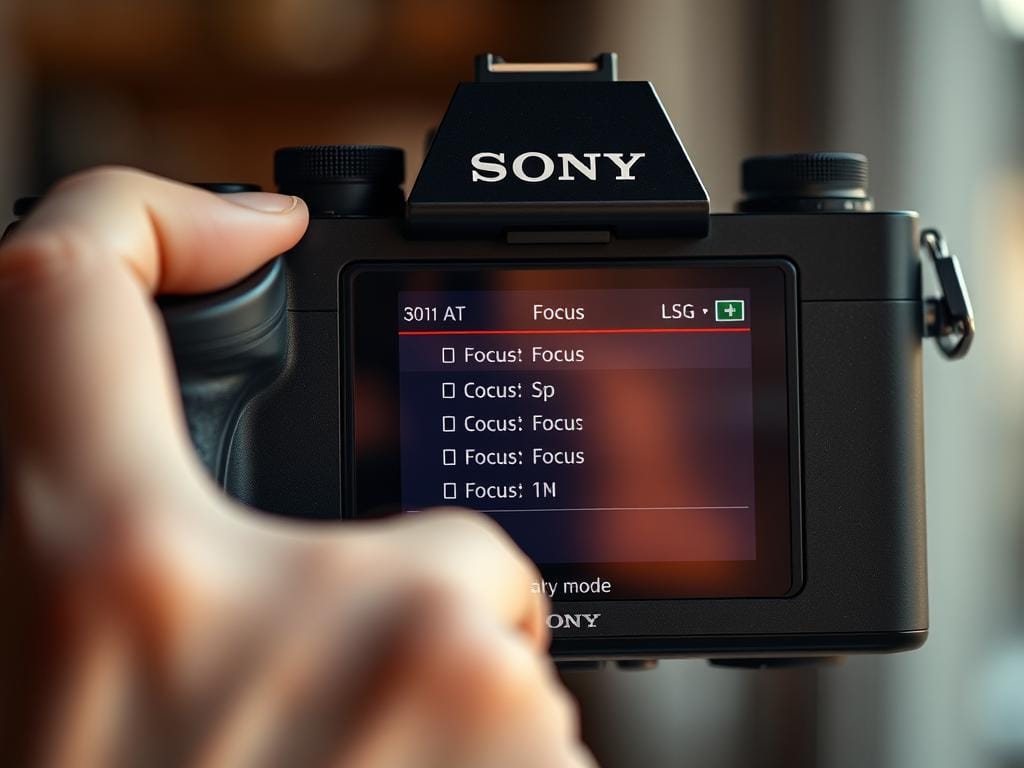 A close-up view of a vintage Sony camera menu display, showcasing the older back-button focus settings. The foreground should feature a hand adjusting the camera settings, with fingers positioned over the back button. In the middle, highlight the camera's screen with a sharp display of the focus mode options, illuminated by soft, warm ambient lighting that emphasizes the buttons and menu layout. The background should be slightly blurred, hinting at a photography studio or outdoor setting with natural light filtering in. The mood should convey a sense of professionalism and clarity, as if capturing an instructional moment. The overall color palette should be rich yet understated, focusing on the camera's sleek design. Stay focused, Ray Baker. A close-up view of a vintage Sony camera menu display, showcasing the older back-button focus settings. The foreground should feature a hand adjusting the camera settings, with fingers positioned over the back button. In the middle, highlight the camera's screen with a sharp display of the focus mode options, illuminated by soft, warm ambient lighting that emphasizes the buttons and menu layout. The background should be slightly blurred, hinting at a photography studio or outdoor setting with natural light filtering in. The mood should convey a sense of professionalism and clarity, as if capturing an instructional moment. The overall color palette should be rich yet understated, focusing on the camera's sleek design. Stay focused, Ray Baker.