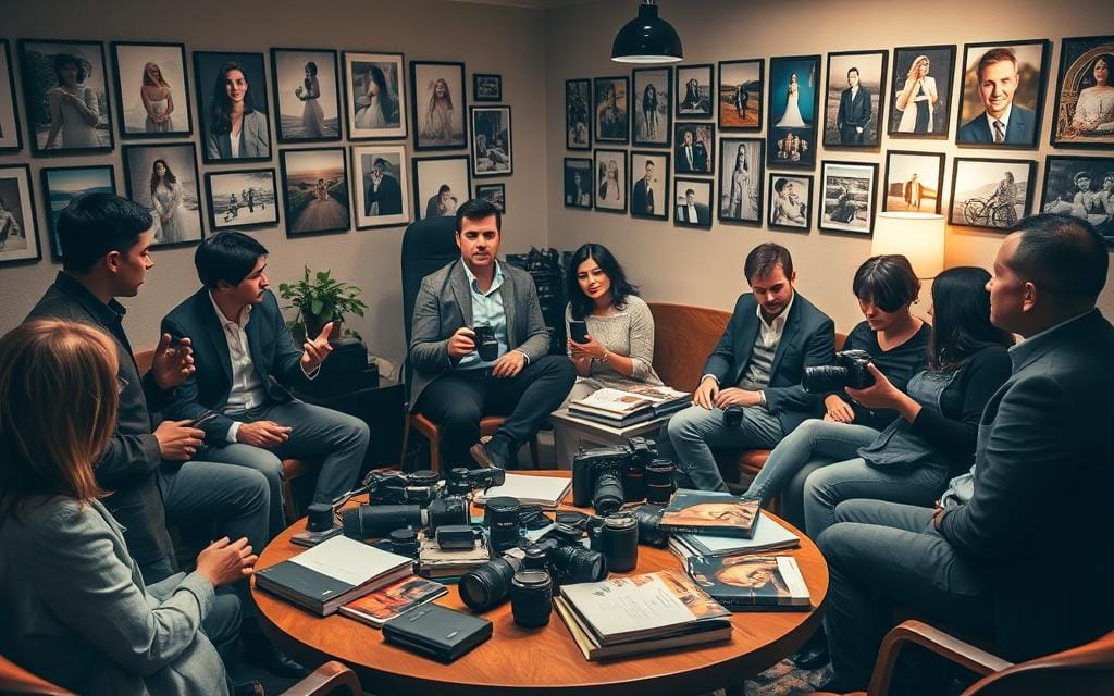 A cozy and inviting workspace featuring a diverse group of photographers engaged in a lively discussion about niche photography. In the foreground, a mixed-gender group of four professionals, dressed in smart casual attire, share their experiences and tips on portrait, wedding, and specialized photography. The mid-ground showcases a large round table cluttered with cameras, lenses, and photography books, while mood lighting casts a warm glow over the scene. In the background, a wall adorned with framed photographs highlights various styles, including weddings and portraits. The atmosphere is collaborative and inspiring, filled with enthusiasm and creative energy, reminiscent of a community gathering. Soft shadows accentuate the textures in the room, emphasizing a professional yet relaxed vibe. Stay focused, Ray Baker.