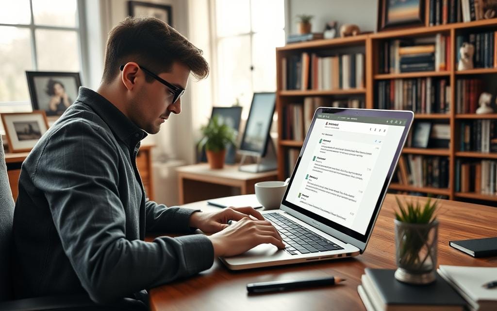 A cozy home office interior, featuring a neatly arranged desk with a laptop open to an email interface displaying personalized messages. In the foreground, a person in smart casual attire is attentively typing on the laptop, focusing intently on their work. Soft natural light filters through a nearby window, casting gentle shadows and creating a warm, inviting atmosphere. The middle ground showcases personal touches, such as framed photos and a plant, adding to the sense of empathy and personalization in communication. In the background, bookshelves filled with various photography books add depth to the scene. The mood is calm and professional, reflecting the importance of tailored email content. Stay focused, Ray Baker.