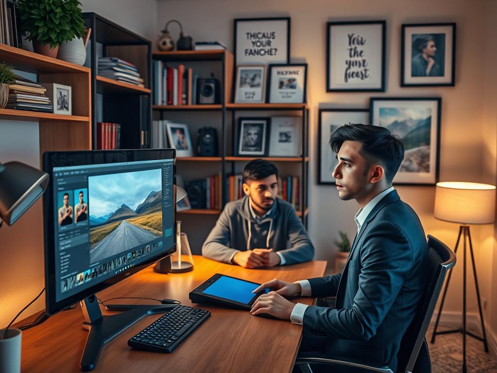 A cozy home office with a modern desk, showcasing a professional photo editing setup. In the foreground, a high-resolution computer screen displays a vibrant Lightroom interface, with an image open showcasing before and after preview-level edits. The editing tools are neatly organized, with color adjustments visibly highlighted. In the middle ground, a focused young adult in professional business attire sits attentively at the desk, using a graphics tablet. Soft, warm lighting from a nearby lamp casts a gentle glow on the workspace, creating an inviting atmosphere. Behind the desk, shelves filled with photography books and framed inspirational prints add to the creative ambiance. The scene conveys a sense of focus, productivity, and the joy of enhancing imagery. Stay focused, Ray Baker. A cozy home office with a modern desk, showcasing a professional photo editing setup. In the foreground, a high-resolution computer screen displays a vibrant Lightroom interface, with an image open showcasing before and after preview-level edits. The editing tools are neatly organized, with color adjustments visibly highlighted. In the middle ground, a focused young adult in professional business attire sits attentively at the desk, using a graphics tablet. Soft, warm lighting from a nearby lamp casts a gentle glow on the workspace, creating an inviting atmosphere. Behind the desk, shelves filled with photography books and framed inspirational prints add to the creative ambiance. The scene conveys a sense of focus, productivity, and the joy of enhancing imagery. Stay focused, Ray Baker.