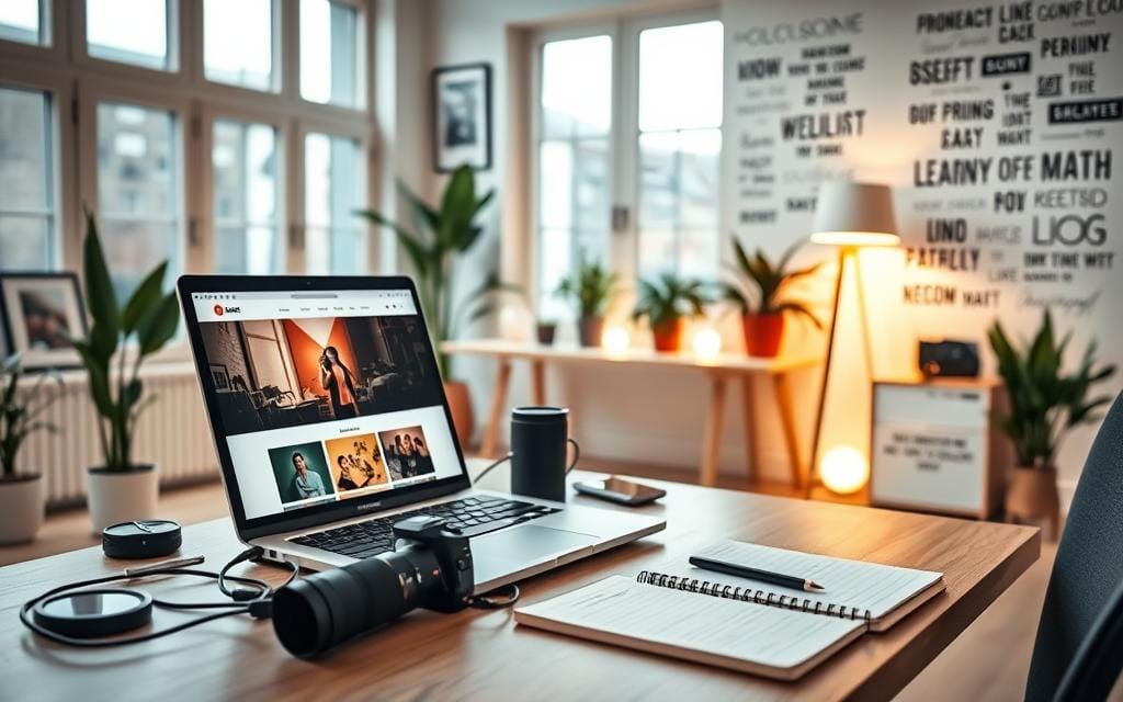 A cozy, stylish home office designed for a photography blogger. In the foreground, a sleek, modern desk cluttered with a laptop displaying a vibrant photography website, a camera, and a notepad filled with creative ideas. The middle layer showcases a light-filled room with large windows, decorated with framed photographs and houseplants, creating an inviting atmosphere. The background depicts a warm, soft glow from a nearby lamp, highlighting a wall covered in inspiring quotes about blogging and photography. The overall mood is productive and creative, capturing the essence of blogging as a tool for photographers to connect with clients. The scene is well-composed, utilizing natural light to enhance the inviting atmosphere. Stay focused, Ray Baker.
