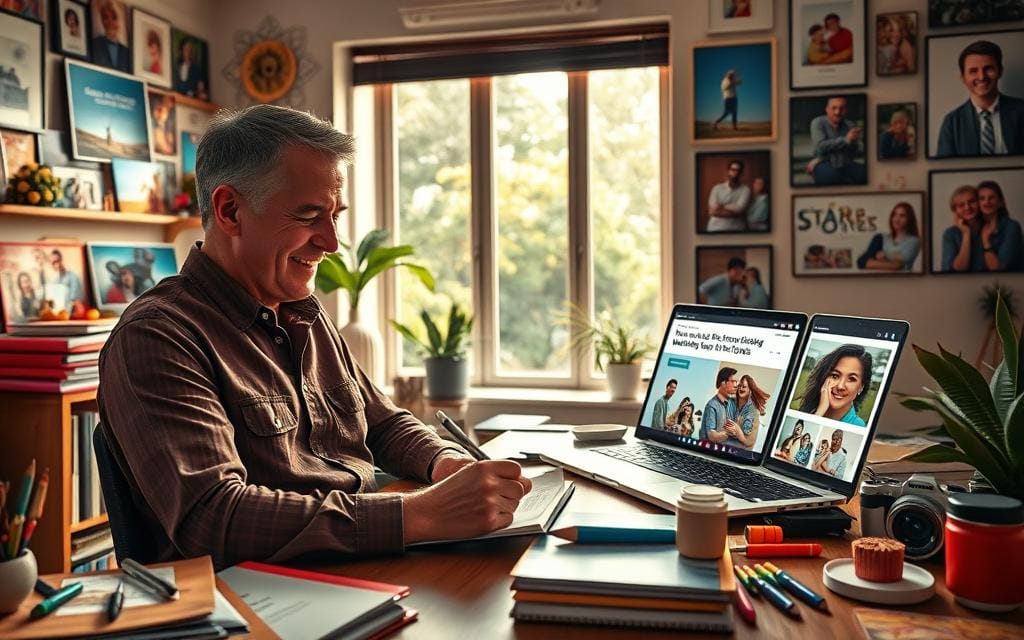 A cozy workspace filled with photography elements, showcasing a professional photographer seated at a desk, crafting marketing stories. The foreground features the photographer, a middle-aged Aussie man in a smart casual shirt, enthusiastically writing on a notepad, surrounded by vibrant photo albums and colorful props. In the middle, a large window allows warm, natural light to stream in, illuminating the space with a cheerful ambiance. On the desk, a laptop displays a website with playful graphics, suggesting marketing strategies filled with humor. The background features a wall adorned with framed photos showcasing joyful moments captured during photo sessions, creating a storytelling atmosphere. The overall mood is inviting, inspiring and lighthearted. Stay focused, Ray Baker.