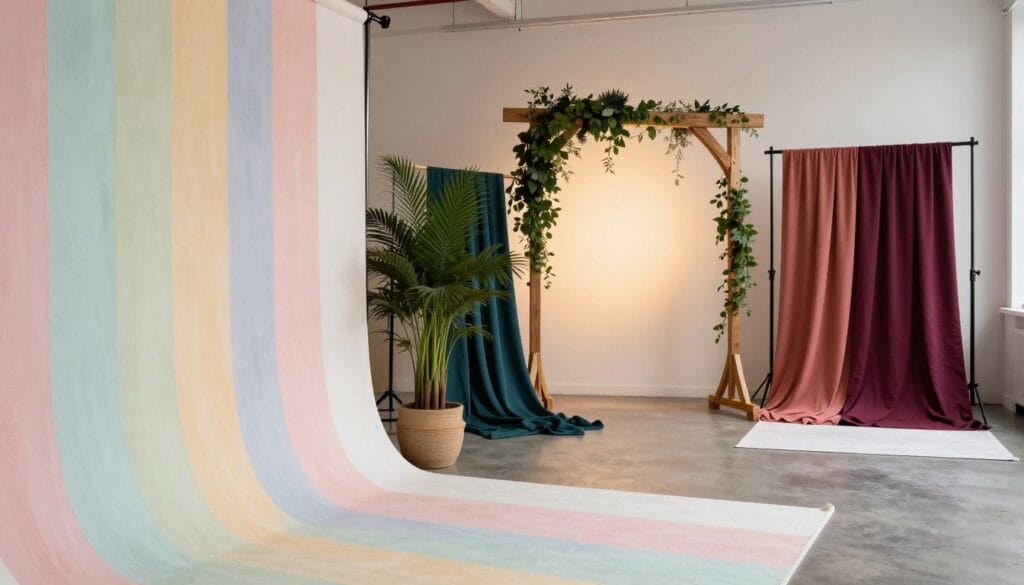 A creative studio space showcasing innovative photo backdrop ideas for stunning visuals. In the foreground, a vibrant, textured wall painted in soft pastel colors features vertical lines, giving depth yet remaining minimalist. In the middle ground, there are various creative setups, including draped fabric in rich jewel tones and a large, lush potted plant providing a fresh touch. An elegant wooden arch adorned with greenery creates a striking focal point. The background includes a softly illuminated area with a warm, diffused light source, creating a cozy, inviting ambiance. The scene is captured with a wide-angle lens from a slightly elevated angle, emphasizing depth and layering. The mood is artistic and inspiring, evoking a sense of creativity and tranquility. Stay focused, Ray Baker. A creative studio space showcasing innovative photo backdrop ideas for stunning visuals. In the foreground, a vibrant, textured wall painted in soft pastel colors features vertical lines, giving depth yet remaining minimalist. In the middle ground, there are various creative setups, including draped fabric in rich jewel tones and a large, lush potted plant providing a fresh touch. An elegant wooden arch adorned with greenery creates a striking focal point. The background includes a softly illuminated area with a warm, diffused light source, creating a cozy, inviting ambiance. The scene is captured with a wide-angle lens from a slightly elevated angle, emphasizing depth and layering. The mood is artistic and inspiring, evoking a sense of creativity and tranquility. Stay focused, Ray Baker.
