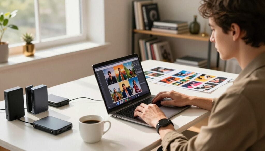 A creative workspace showcasing an individual seated at a modern desk engaged in photo culling. In the foreground, the person, dressed in stylish professional attire, is focused on a laptop displaying a vibrant selection of images. Nearby, various tools such as external hard drives, photo culling software icons on the screen, and a cup of coffee, create an inspiring atmosphere. In the middle ground, bursts of colorful printed photos scattered around suggest the culling process in action. The background features a well-organized shelf with photography books and elegant decor, bathed in warm, natural sunlight streaming through a large window, creating an inviting and productive ambiance. The overall mood is dynamic and focused, illustrating efficiency in the art of photography. Stay focused, Ray Baker. A creative workspace showcasing an individual seated at a modern desk engaged in photo culling. In the foreground, the person, dressed in stylish professional attire, is focused on a laptop displaying a vibrant selection of images. Nearby, various tools such as external hard drives, photo culling software icons on the screen, and a cup of coffee, create an inspiring atmosphere. In the middle ground, bursts of colorful printed photos scattered around suggest the culling process in action. The background features a well-organized shelf with photography books and elegant decor, bathed in warm, natural sunlight streaming through a large window, creating an inviting and productive ambiance. The overall mood is dynamic and focused, illustrating efficiency in the art of photography. Stay focused, Ray Baker.