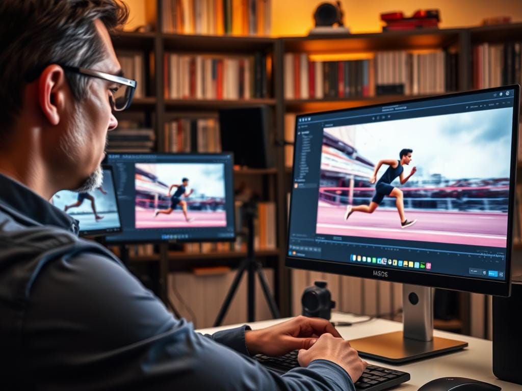 A detailed close-up of a professional photographer in a well-lit studio, focused on a computer screen editing frozen motion shots. In the foreground, the photographer, wearing smart casual attire, is applying editing software tools to enhance the clarity and vibrancy of an action photo featuring a sprinter in mid-stride, captured with a fast shutter speed. The middle ground showcases the computer screen displaying a side-by-side comparison of the unedited and edited images, with vibrant colors and action-enhancing adjustments visible. The background features shelves filled with photography books and equipment, softly illuminated by warm ambient lighting, creating an inspiring and creative atmosphere. The overall mood is focused and professional, highlighting the artistry of refining dynamic photography. Stay focused, Ray Baker. A detailed close-up of a professional photographer in a well-lit studio, focused on a computer screen editing frozen motion shots. In the foreground, the photographer, wearing smart casual attire, is applying editing software tools to enhance the clarity and vibrancy of an action photo featuring a sprinter in mid-stride, captured with a fast shutter speed. The middle ground showcases the computer screen displaying a side-by-side comparison of the unedited and edited images, with vibrant colors and action-enhancing adjustments visible. The background features shelves filled with photography books and equipment, softly illuminated by warm ambient lighting, creating an inspiring and creative atmosphere. The overall mood is focused and professional, highlighting the artistry of refining dynamic photography. Stay focused, Ray Baker.
