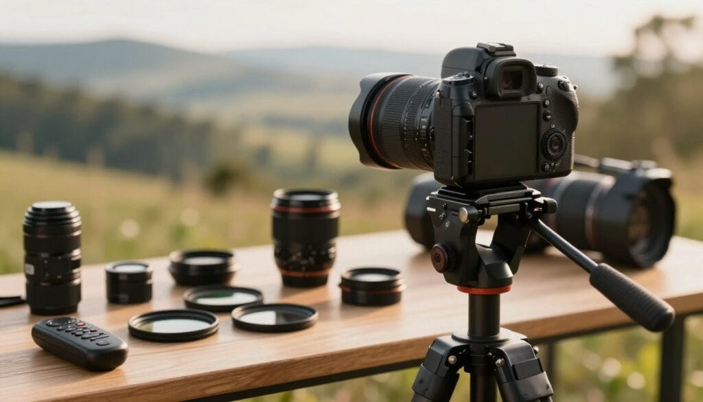 A detailed composition showcasing a photographer's workspace set up for optimal image sharpness. In the foreground, a sturdy tripod with a high-quality DSLR camera mounted on it, with a focus on its adjustable settings and features. The middle section includes neatly arranged photography accessories like a remote shutter release, a set of filters, and a lens cleaning kit. In the background, a softly blurred scene of a scenic landscape under natural daylight, emphasizing clarity and texture. The lighting is bright yet soft, mimicking golden hour conditions to create a warm atmosphere. The mood should convey professionalism and a sense of creativity, inviting photographers to explore their craft. Stay focused, Ray Baker.