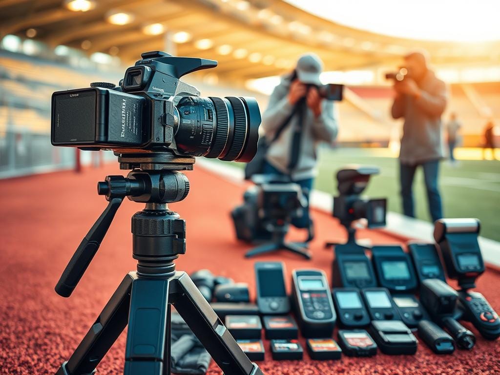 A detailed composition showcasing gear for action photography, featuring a professional camera in the foreground with a zoom lens, perfectly capturing fast-moving subjects. Nearby, a rugged tripod stabilizes the scene. In the middle ground, various accessories like high-speed memory cards and external flashes are arranged neatly. Photographers dressed in casual yet professional attire are actively setting up their equipment, demonstrating focus and intent. The background reveals a vibrant outdoor location such as a sports field or a lively urban environment, with blurred motion from a dynamic scene, symbolizing action. Warm, natural sunlight enhances the image, creating a sense of excitement and anticipation. The overall mood is energetic and inspiring, representing the thrill of capturing motion in photography. Stay focused, Ray Baker. A detailed composition showcasing gear for action photography, featuring a professional camera in the foreground with a zoom lens, perfectly capturing fast-moving subjects. Nearby, a rugged tripod stabilizes the scene. In the middle ground, various accessories like high-speed memory cards and external flashes are arranged neatly. Photographers dressed in casual yet professional attire are actively setting up their equipment, demonstrating focus and intent. The background reveals a vibrant outdoor location such as a sports field or a lively urban environment, with blurred motion from a dynamic scene, symbolizing action. Warm, natural sunlight enhances the image, creating a sense of excitement and anticipation. The overall mood is energetic and inspiring, representing the thrill of capturing motion in photography. Stay focused, Ray Baker.