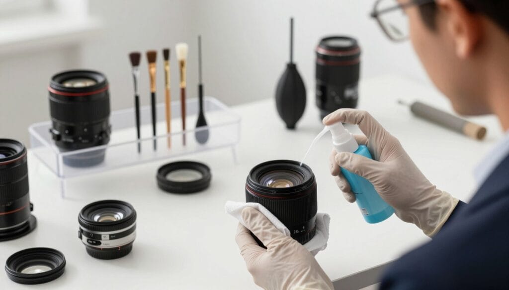 A detailed illustration showcasing the step-by-step process of cleaning a camera lens, featuring both front and rear perspectives. In the foreground, a person in professional business attire is carefully holding a lens with gloved hands, using a microfiber cloth and lens cleaner spray. The middle layer displays an organized cleaning kit with brushes and dust blowers arranged neatly. The background features a well-lit photography workspace with soft natural light illuminating the scene, enhancing the focus on the cleaning task. The atmosphere is clean and methodical, inviting viewers to learn the meticulous process of camera lens care. Stay focused, Ray Baker.