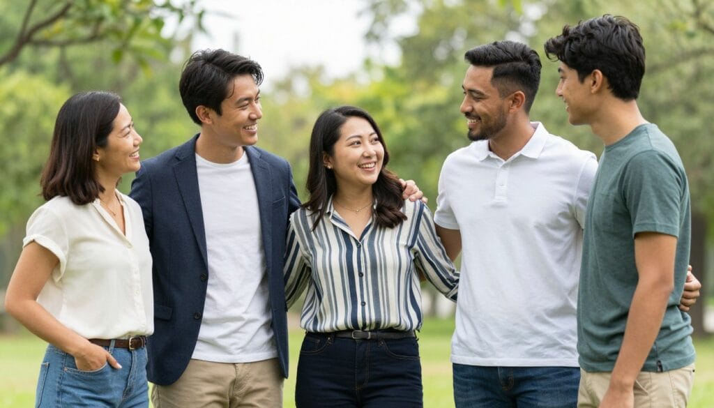 A diverse group of five individuals stands together in an outdoor setting, showcasing natural poses that exude warmth and camaraderie. The group consists of a middle-aged woman in a smart casual blouse and jeans, a young man in a tailored blazer, a woman wearing a stylish button-up shirt, a man in a crisp polo, and a teenager in a comfortable t-shirt. They are arranged in a semi-circle, smiling and interacting casually, with one person playfully leaning in towards another. The background features soft-focus greenery, suggesting a vibrant park, under bright but diffused daylight. The angle captures the group slightly from below, creating a sense of perspective and making them look approachable and engaged. The overall mood is relaxed and inviting, emphasizing the joy of connection and the art of natural group posing. Stay focused, Ray Baker.