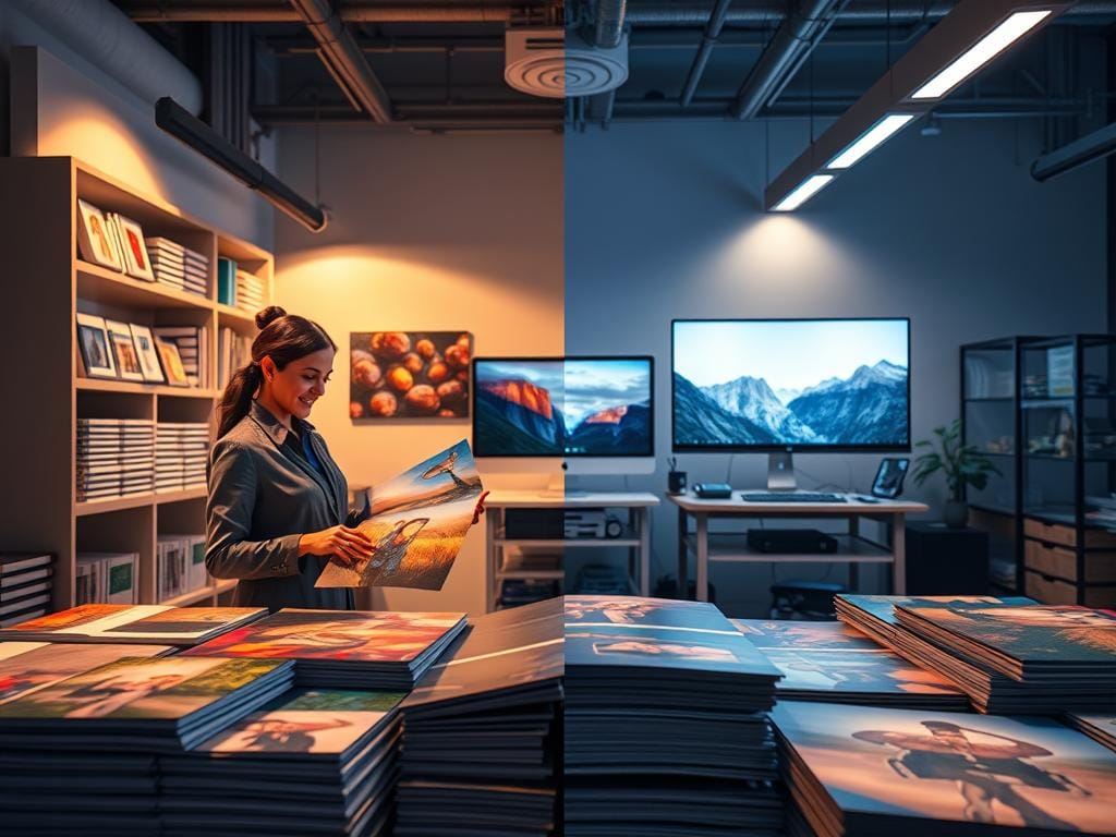 A dynamic and comparative visual representation of "print fulfillment vs. digital delivery." In the foreground, depict a sleek, well-organized print fulfillment station with vibrant, high-quality photographic prints neatly arranged, under warm, soft lighting that highlights their textures. Include a content creator in professional attire, examining a stunning print with a look of satisfaction. In the middle layer, show a digital workspace where a modern computer displays striking images on its screen, illuminated by cool, bright light, symbolizing digital delivery. The background should feature a balanced view of both environments, infused with a subtle tension that represents the choice between tangible prints and digital files. The atmosphere should evoke professionalism, creativity, and decision-making, contrasting both delivery methods harmoniously. Stay focused, Ray Baker.