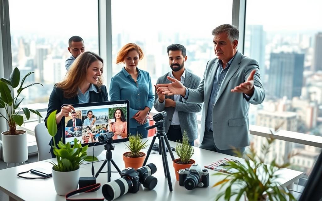 A dynamic composition showcasing a modern social media workspace, with a diverse group of professionals collaborating on photography projects. In the foreground, a young woman in business attire is reviewing photos on her laptop, her screen displaying vibrant images of small businesses. To her right, a middle-aged man gestures enthusiastically, sharing ideas about social media strategy. The middle ground features creative tools like cameras, tripods, and social media icons displayed on a stylish desk surrounded by plants, symbolizing growth. In the background, a large window reveals a bustling cityscape, suggesting outreach and connection. Soft, natural lighting filters through the window, creating an inspiring and productive atmosphere. Stay focused, Ray Baker.