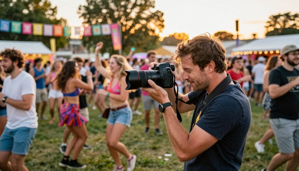 A dynamic event scene capturing a photographer in action at a lively outdoor festival. In the foreground, the photographer adjusts their camera settings, showcasing a DSLR with a large lens, and appears focused and composed. The middle ground features a vibrant crowd enjoying the festivities, with people dancing, laughing, and engaging in various activities, all wearing colorful clothing. In the background, festive banners and trees are illuminated by warm, golden sunset lighting, reflecting a lively atmosphere. The composition should emphasize motion and energy, with blurred movement around the edges to highlight the dynamic nature of event photography. The mood is upbeat and enthusiastic, conveying the excitement of capturing special moments amidst the hustle and bustle. Stay focused, Ray Baker.