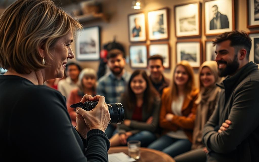 A dynamic scene of a photographer engaging with a diverse audience during a storytelling session in a cozy, well-lit café. In the foreground, a close-up of the photographer, a middle-aged woman in smart casual attire, holding a camera enthusiastically explaining a photograph. In the middle, the captivated audience, consisting of individuals from various backgrounds, listening intently, their expressions reflecting curiosity and inspiration. In the background, soft ambient lighting casts a warm glow, highlighting beautiful framed photographs hanging on the walls. The atmosphere is inviting and intimate, evoking a sense of connection and creativity. The shot is taken from a slightly elevated angle to encompass the group and their engagement. Stay focused, Ray Baker.