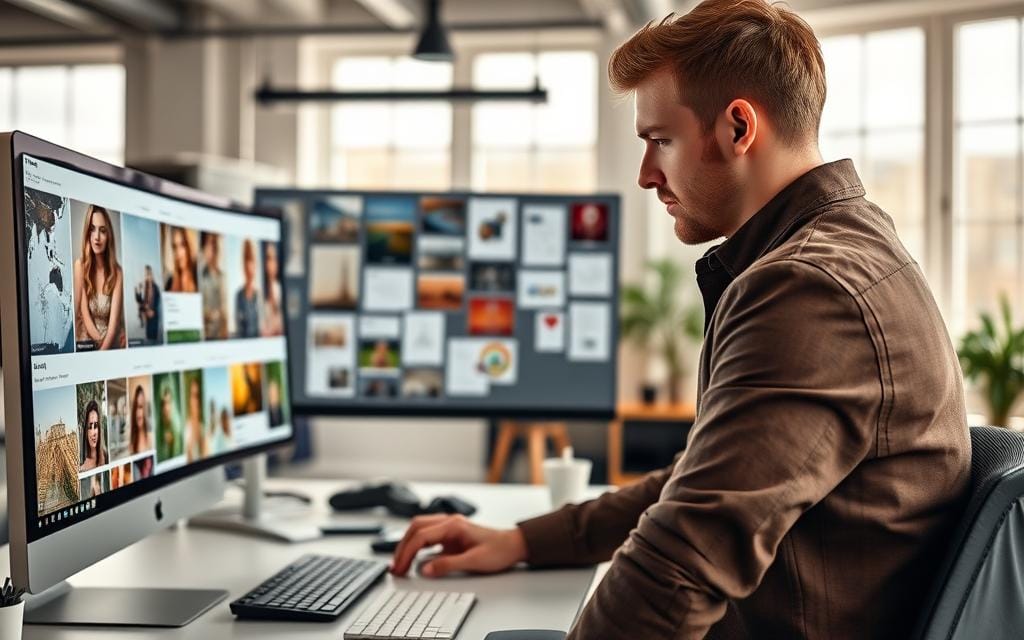 A dynamic workspace featuring a professional photographer analyzing advanced Pinterest strategies for marketing. In the foreground, a stylish desktop with a computer screen displaying a Pinterest board filled with vibrant, visually appealing photography. A close-up of the photographer, dressed in smart casual attire, thoughtfully reviewing images. The middle ground features Pinterest graphics like infographics and analytics data pinned to a board, conveying detailed marketing strategies. The background shows a well-lit studio with natural light streaming through large windows, softening the scene and creating a creative atmosphere. The overall mood is focused and collaborative, emphasizing innovation and professionalism. Stay focused, Ray Baker.