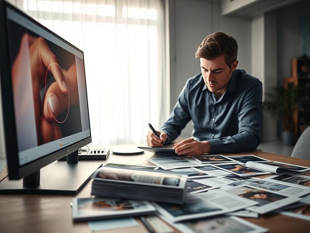 A meticulous workspace showcasing the process of sharpening images for print. In the foreground, a high-resolution monitor displays a close-up of an edited photo with clear, crisp details, highlighting areas of sharpening adjustment. A professional photographer, dressed in a smart casual shirt, studies the image intently, using a stylus on a graphics tablet. In the middle ground, a collection of print samples lies scattered, displaying various paper textures and qualities, emphasizing the different sharpening techniques used. The background features soft, diffused daylight streaming in through a large window, illuminating the workspace and creating a bright, focused atmosphere. The overall mood is one of professionalism and dedication to quality, conveying the importance of image preparation for print. Stay focused, Ray Baker.
