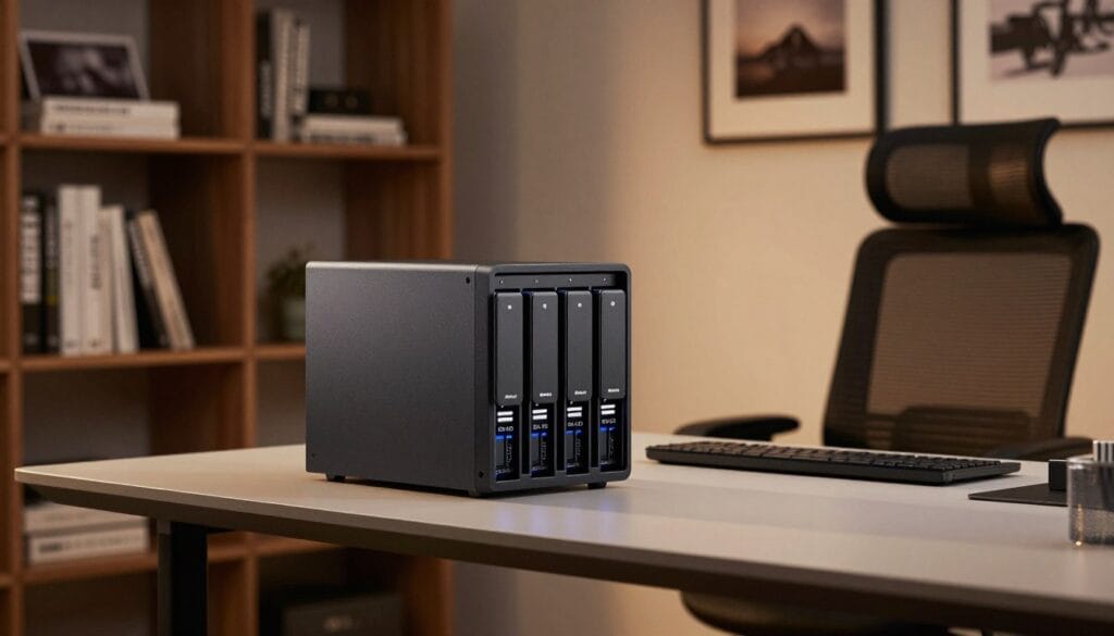 A modern home office setup featuring a sleek Network Attached Storage (NAS) device prominently displayed on a stylish desk in the foreground. In the middle, a well-organized RAID system with multiple hard drive bays visible, emphasizing redundancy and data protection. Soft, warm lighting highlights the equipment while casting subtle shadows, creating a cozy yet tech-savvy ambiance. The background showcases a wall-mounted bookshelf filled with photography books and framed prints, suggesting a passion for image storage. A comfortable, ergonomic chair is positioned next to the desk, inviting productivity and safety. The overall mood conveys security, innovation, and organization. Stay focused, Ray Baker. A modern home office setup featuring a sleek Network Attached Storage (NAS) device prominently displayed on a stylish desk in the foreground. In the middle, a well-organized RAID system with multiple hard drive bays visible, emphasizing redundancy and data protection. Soft, warm lighting highlights the equipment while casting subtle shadows, creating a cozy yet tech-savvy ambiance. The background showcases a wall-mounted bookshelf filled with photography books and framed prints, suggesting a passion for image storage. A comfortable, ergonomic chair is positioned next to the desk, inviting productivity and safety. The overall mood conveys security, innovation, and organization. Stay focused, Ray Baker.