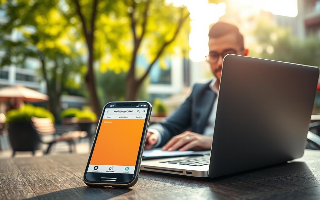 A modern mobile photography business setup, featuring a professional photographer working on a laptop in a stylish outdoor cafe. In the foreground, focus on a sleek smartphone displaying a photography CRM app, with colorful layout and user-friendly interface. The middle ground captures the photographer, a diverse individual in smart casual attire, reviewing client leads and booking details. The background showcases a vibrant urban setting with blurred city buildings and greenery, creating a lively atmosphere. Natural sunlight filters through trees, casting warm, inviting light. The scene reflects professionalism, creativity, and the flexibility of mobile access in photography. Stay focused, Ray Baker. A modern mobile photography business setup, featuring a professional photographer working on a laptop in a stylish outdoor cafe. In the foreground, focus on a sleek smartphone displaying a photography CRM app, with colorful layout and user-friendly interface. The middle ground captures the photographer, a diverse individual in smart casual attire, reviewing client leads and booking details. The background showcases a vibrant urban setting with blurred city buildings and greenery, creating a lively atmosphere. Natural sunlight filters through trees, casting warm, inviting light. The scene reflects professionalism, creativity, and the flexibility of mobile access in photography. Stay focused, Ray Baker.