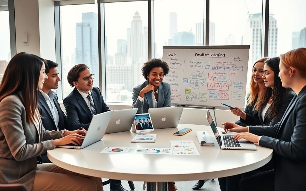 A modern office setting with a bright and inviting atmosphere. In the foreground, a diverse group of professionals, dressed in smart business attire, is gathered around a sleek, round table, engaging with visually appealing email marketing materials displayed on laptops and tablets. Their expressions reflect inspiration and collaboration, as they discuss creative visuals for email campaigns. In the middle ground, a whiteboard features colorful notes and diagrams outlining strategies for enhancing email marketing with visuals and social media. The background shows a window view of a bustling cityscape bathed in natural light, creating an energetic and forward-thinking mood. Use soft, diffused lighting to enhance the friendly, professional atmosphere. Capture the scene from a slightly elevated angle, focusing on the lively interactions. Stay focused, Ray Baker.