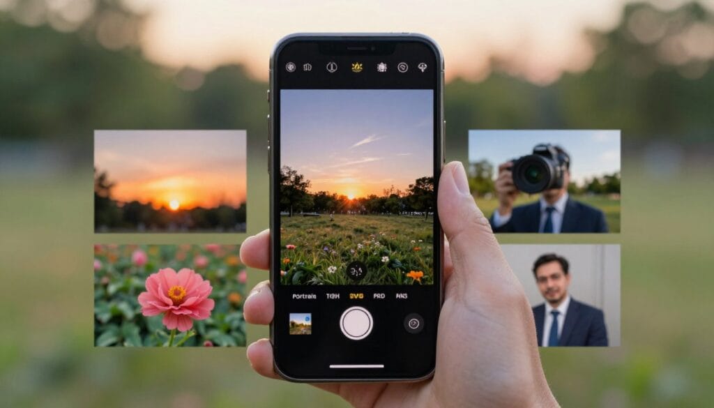 A modern smartphone displayed prominently in the foreground, showcasing various camera modes on its screen like portrait, night, and macro. In the middle ground, there are examples of breathtaking photographs taken with these modes, including a vibrant sunset, a close-up of a flower, and a candid portrait of a person in business attire. The background features a softly blurred natural setting, like a park or garden, with warm, natural lighting that enhances the mood of creativity and exploration. The composition should reflect a sense of inspiration for aspiring photographers, inviting viewers to discover the potential of their phone cameras. Stay focused, Ray Baker. A modern smartphone displayed prominently in the foreground, showcasing various camera modes on its screen like portrait, night, and macro. In the middle ground, there are examples of breathtaking photographs taken with these modes, including a vibrant sunset, a close-up of a flower, and a candid portrait of a person in business attire. The background features a softly blurred natural setting, like a park or garden, with warm, natural lighting that enhances the mood of creativity and exploration. The composition should reflect a sense of inspiration for aspiring photographers, inviting viewers to discover the potential of their phone cameras. Stay focused, Ray Baker.