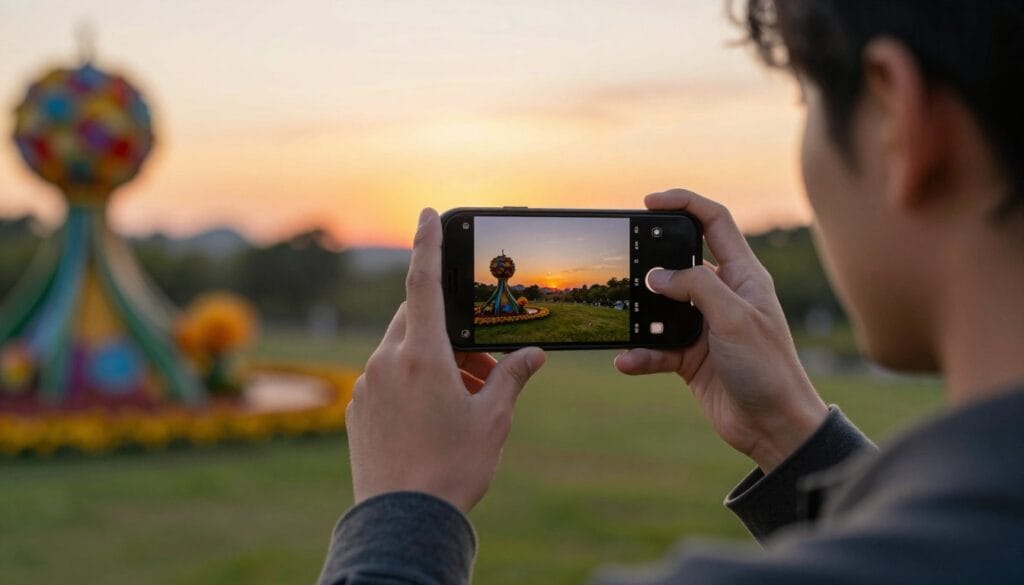 A modern smartphone held in a person's hand, capturing a scenic view of an outdoor landscape at sunset, emphasizing the vibrant colors of the sky and foliage. In the foreground, the user is dressed in a stylish yet casual outfit, focused intently on their phone screen, showcasing their engagement with photography techniques. The middle ground features unique elements like a blooming flower or an eye-catching architectural detail that draws the eye. The background displays a softly blurred nature scene, enhancing the depth of field, created with a slight bokeh effect. Warm, golden hour lighting bathes the scene, creating a serene and inspiring atmosphere, perfect for mastering phone photography tips. Stay focused, Ray Baker. A modern smartphone held in a person's hand, capturing a scenic view of an outdoor landscape at sunset, emphasizing the vibrant colors of the sky and foliage. In the foreground, the user is dressed in a stylish yet casual outfit, focused intently on their phone screen, showcasing their engagement with photography techniques. The middle ground features unique elements like a blooming flower or an eye-catching architectural detail that draws the eye. The background displays a softly blurred nature scene, enhancing the depth of field, created with a slight bokeh effect. Warm, golden hour lighting bathes the scene, creating a serene and inspiring atmosphere, perfect for mastering phone photography tips. Stay focused, Ray Baker.