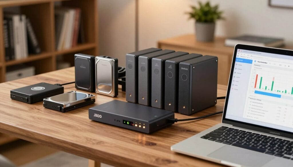 A modern workspace featuring a neatly arranged array of external hard drives and a JBOD (Just a Bunch Of Disks) storage solution, situated on a sleek wooden desk. In the foreground, highlight an open laptop displaying backup software with detailed graphs and storage options. The middle ground includes the hard drives, some clearly labeled, showcasing their diverse capacities and brands, while a compact JBOD unit sits prominently, with LED lights indicating active drives. The background features a soft-focus bookshelf filled with photography books and a potted plant for a touch of greenery. The lighting is warm and inviting, suggesting a productive atmosphere, captured from a slightly elevated angle to emphasize the setup. The mood is organized and focused, conveying a sense of security in photo backups. Stay focused, Ray Baker. A modern workspace featuring a neatly arranged array of external hard drives and a JBOD (Just a Bunch Of Disks) storage solution, situated on a sleek wooden desk. In the foreground, highlight an open laptop displaying backup software with detailed graphs and storage options. The middle ground includes the hard drives, some clearly labeled, showcasing their diverse capacities and brands, while a compact JBOD unit sits prominently, with LED lights indicating active drives. The background features a soft-focus bookshelf filled with photography books and a potted plant for a touch of greenery. The lighting is warm and inviting, suggesting a productive atmosphere, captured from a slightly elevated angle to emphasize the setup. The mood is organized and focused, conveying a sense of security in photo backups. Stay focused, Ray Baker.