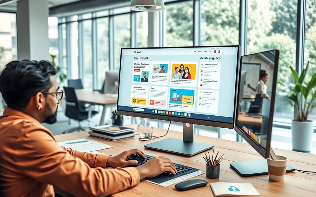 A modern workspace scene depicting a creative professional designing an email sequence on a sleek computer. In the foreground, a focused individual, dressed in smart casual clothing, is typing at a well-organized desk adorned with notes and colorful sketches of email layouts. The middle ground features a large monitor displaying a visually engaging email sequence, with vibrant colors and icons illustrating various engagement strategies. In the background, a bright and airy office space bathed in natural light, with large windows showcasing greenery outside, sets a productive atmosphere. The composition should have a feeling of focus and creativity, reflecting the essence of designing an engaging email sequence. Stay focused, Ray Baker.