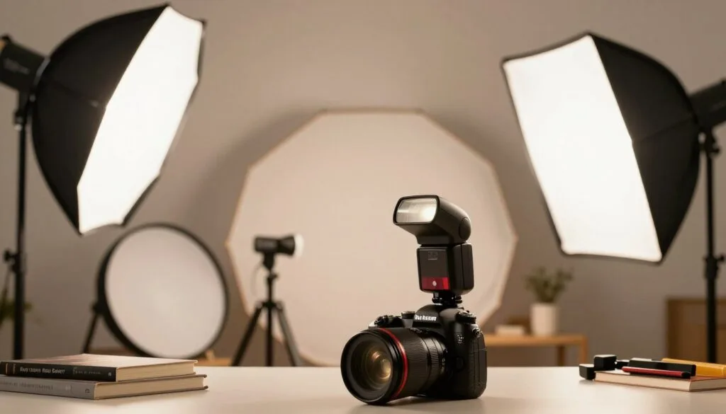 A neatly arranged flash photography setup for beginners, showcasing essential gear for effective flash usage. In the foreground, a professional camera with a versatile lens and attached flash unit, illuminated with soft, diffused light. The middle ground features reflective umbrellas, a softbox, and various diffusers, all designed to create softer lighting effects. A tripod stands nearby, stabilizing the camera for long exposures. In the background, a clean workspace with a few photography books and tools gives an organized, educational vibe. The lighting is warm and inviting, capturing a sense of creativity and focus. The mood is encouraging, inspiring beginners to embrace flash photography with comfort and confidence. Stay focused, Ray Baker. A neatly arranged flash photography setup for beginners, showcasing essential gear for effective flash usage. In the foreground, a professional camera with a versatile lens and attached flash unit, illuminated with soft, diffused light. The middle ground features reflective umbrellas, a softbox, and various diffusers, all designed to create softer lighting effects. A tripod stands nearby, stabilizing the camera for long exposures. In the background, a clean workspace with a few photography books and tools gives an organized, educational vibe. The lighting is warm and inviting, capturing a sense of creativity and focus. The mood is encouraging, inspiring beginners to embrace flash photography with comfort and confidence. Stay focused, Ray Baker.