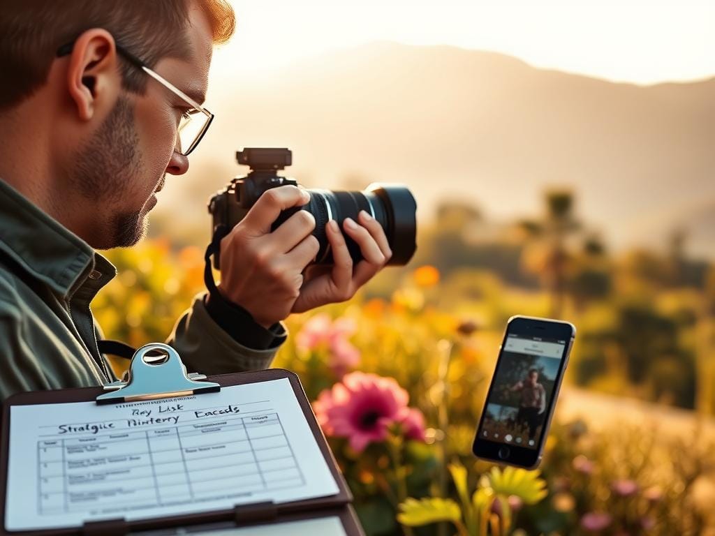 A photographer in a lush outdoor setting, focused intently on a digital camera, capturing the essence of a picturesque scene at golden hour. In the foreground, a neatly organized clipboard with a strategic shot list and a phone displaying an itinerary, symbolizing effective time management and prioritization. The middle ground shows various natural elements, such as flowers and trees, bathed in warm sunlight, creating an inviting and productive atmosphere. In the background, soft-focus mountains rise gently, adding depth to the landscape. The photographer is dressed in professional attire, exuding a dedicated and composed vibe. The lighting is soft but bright, enhancing the colors and creating a serene mood that embodies efficiency and purpose in the field. Stay focused, Ray Baker.