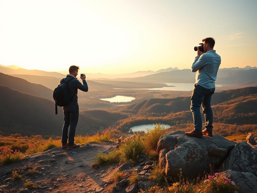 A photographer in professional attire stands on a rocky overlook, intently scouting a breathtaking landscape for the perfect shot. The foreground features a rugged path leading down to a vibrant valley filled with wildflowers, while rolling hills stretch into the distance, beneath a sky painted with soft pastel hues of dawn. In the middle ground, a tranquil lake reflects the soft light, surrounded by clusters of trees changing colors with the season. The background showcases majestic mountains, their peaks kissed by the early morning sun. The scene is bathed in warm, golden light, creating a serene and contemplative atmosphere. Capture this moment from a slight angle to highlight the depth of the landscape. Stay focused, Ray Baker.