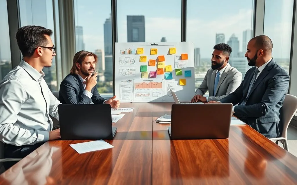 A professional business meeting scene focused on crafting a value-driven pricing strategy. In the foreground, a diverse group of four professionals in formal business attire collaborate around a polished wooden table, surrounded by laptops, graphs, and documents. In the middle ground, a large whiteboard displays colorful charts and post-it notes detailing pricing strategies and value propositions. The background features a bright, well-lit office space with large windows showcasing a city skyline, casting natural light on the group, creating an atmosphere of productivity and innovation. The composition is shot from a slightly elevated angle to capture both the group’s engagement and the strategic materials before them, emphasizing teamwork and focus. Stay focused, Ray Baker. A professional business meeting scene focused on crafting a value-driven pricing strategy. In the foreground, a diverse group of four professionals in formal business attire collaborate around a polished wooden table, surrounded by laptops, graphs, and documents. In the middle ground, a large whiteboard displays colorful charts and post-it notes detailing pricing strategies and value propositions. The background features a bright, well-lit office space with large windows showcasing a city skyline, casting natural light on the group, creating an atmosphere of productivity and innovation. The composition is shot from a slightly elevated angle to capture both the group’s engagement and the strategic materials before them, emphasizing teamwork and focus. Stay focused, Ray Baker.