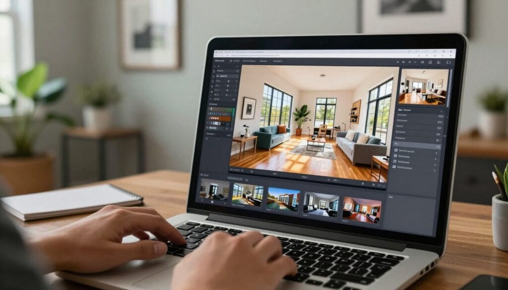 A professional photo editor working on a computer, showcasing a vibrant real estate image on the screen. In the foreground, a sleek laptop is open, displaying a split-screen interface with side-by-side comparison of before and after edited real estate photos. The middle ground features a bright, inviting interior of a modern home, with sunlight streaming in through large windows, illuminating polished hardwood floors and elegantly arranged furniture. In the background, muted colors of a cozy office space with plants and art hang on the walls. The atmosphere is creative and focused, emphasizing a blend of technology and artistry in real estate photography. The image conveys a sense of professionalism and inspiration. Stay focused, Ray Baker.