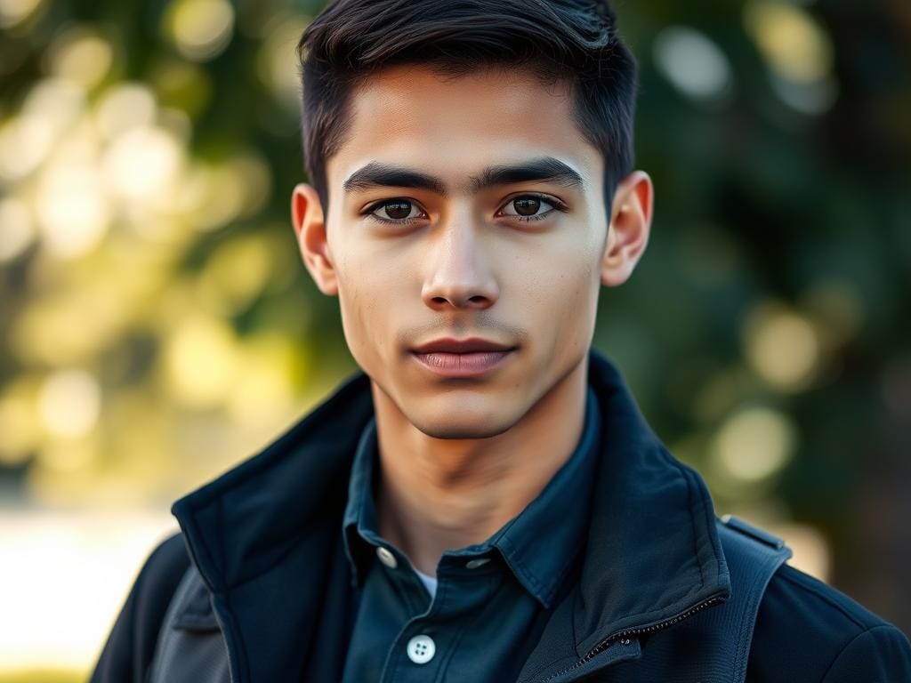 A professional photographer capturing a portrait of a young adult wearing smart casual attire, standing confidently against a blurred nature backdrop, emphasizing sharp detail in the eyes. The subject's face is illuminated with soft, diffused natural light, highlighting the texture of the skin and the clarity of the eyes. The camera is positioned at eye level, using a 85mm lens for flattering compression, creating a shallow depth of field to isolate the subject from the background. The atmosphere conveys a sense of calm professionalism, with subtle greens and blues in the bokeh enhancing the focus on the subject's expressive gaze. The image reflects technical precision in camera stability and technique. Stay focused, Ray Baker.