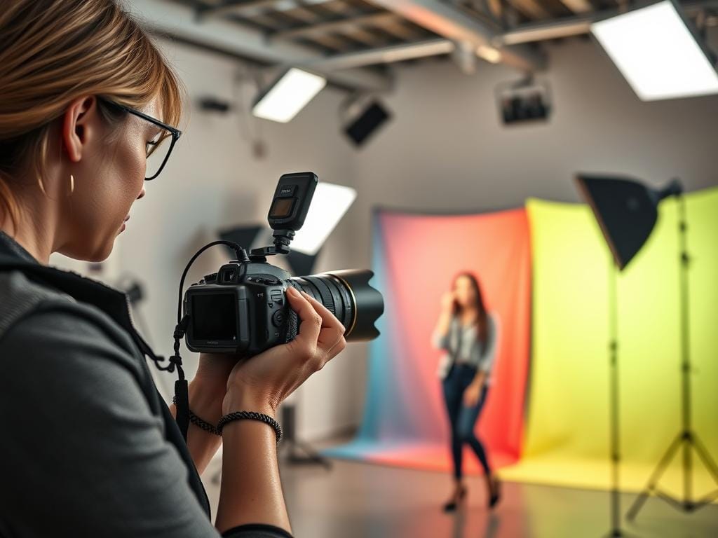 A professional photographer demonstrates on-camera flash techniques in a bright, indoor setting. In the foreground, capture the photographer, a woman in smart casual attire, adjusting her camera settings while holding the camera with a mounted flash. In the middle ground, showcase a well-lit scene featuring a model posing naturally with a slight smile, positioned in front of colorful backdrops. The background subtly includes blurred elements of a studio, like softboxes and props, emphasizing a professional environment. The lighting is soft yet dynamic, showcasing the effective use of flash that eliminates harsh shadows, enhancing the sense of depth. The overall atmosphere is creative and engaging. Stay focused, Ray Baker.