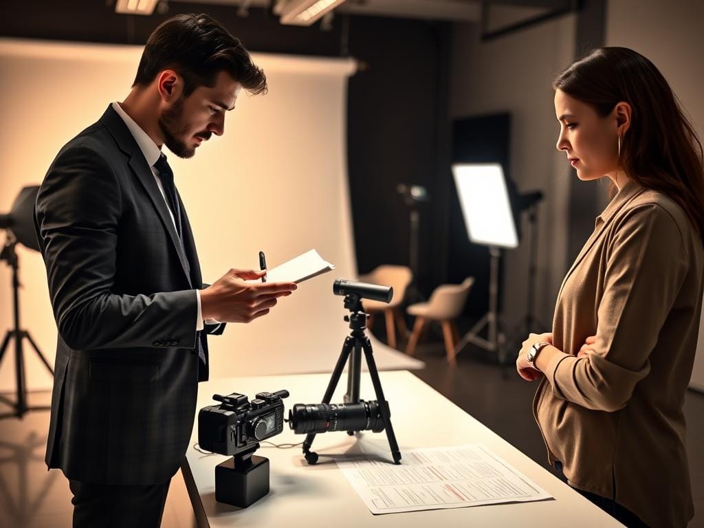 A professional photographer engaged in a portrait session, carefully organizing a shot list with a client in a well-lit studio. In the foreground, the photographer, dressed in smart business attire, holds a notebook and pen, discussing ideas with the client, who is wearing modest, stylish clothing. The middle layer shows a table with photography equipment, including a camera on a tripod, lighting setup, and props like chairs and backdrops. The background features soft, diffused lighting that creates a warm and inviting atmosphere, emphasizing a sense of collaboration and professionalism. The overall mood is focused and inspiring, capturing the essence of effective communication and workflow in portrait session planning. Stay focused, Ray Baker.