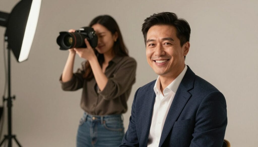 A professional photographer engaging with a subject during a headshot session in a softly lit studio. In the foreground, a male subject in a tailored navy blazer and a white shirt smiles warmly, positioned at a slight angle to the camera, creating a relaxed atmosphere. The middle ground features the photographer, a female in casual smart attire, gently interacting with the subject, adjusting lighting equipment. The background fades into a seamless, neutral-tone backdrop, ensuring the focus remains on the interaction. Soft, diffused lighting enhances the warm, welcoming mood. A shallow depth of field blurs the background slightly, emphasizing the connection between the photographer and the subject. Stay focused, Ray Baker.