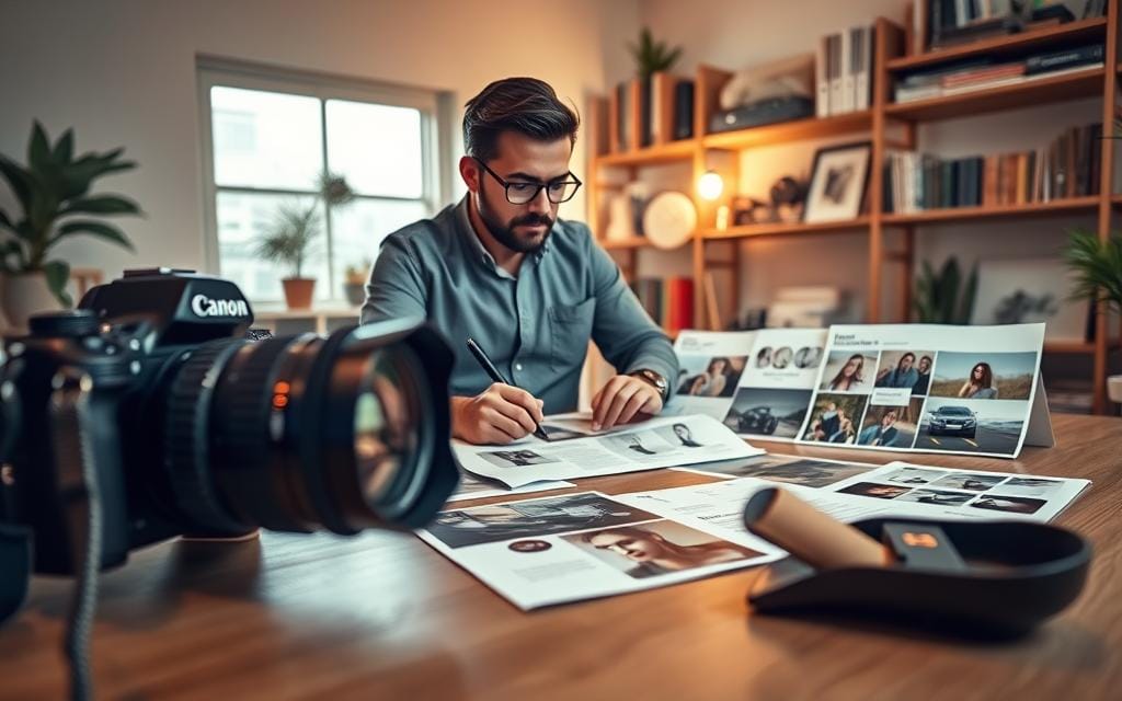 A professional photographer in a cozy, well-lit studio is carefully examining a selection of unique branding materials spread out on a sleek wooden table. The foreground focuses on a beautiful camera with a lens reflecting soft, natural light. In the middle, the photographer, dressed in smart casual attire, is engaged in creative brainstorming, surrounded by mood boards and elegant brand identity mock-ups showcasing various photography styles. The background features shelves filled with photography books and props, creating an inspiring atmosphere. The soft, warm lighting enhances the sense of creativity and professionalism, inviting the viewer to explore the artistry of brand identity in photography. Stay focused, Ray Baker.