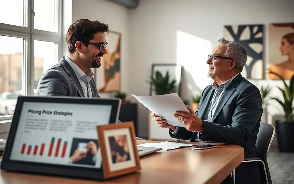 A professional photographer in business attire converses with a smiling client in a bright, stylish office space, featuring a large window that lets in soft natural light. On the desk, a laptop shows an engaging presentation about pricing strategies. In the foreground, framed photographs display the photographer’s work, emphasizing creativity and professionalism. The middle ground captures a relaxed exchange, showcasing the client nodding in agreement while holding a proposal document. The background features abstract art and plant decorations that add a contemporary feel. The lighting is warm, creating a welcoming and positive atmosphere. The scene conveys trust and collaboration, highlighting effective communication about price adjustments. Stay focused, Ray Baker. A professional photographer in business attire converses with a smiling client in a bright, stylish office space, featuring a large window that lets in soft natural light. On the desk, a laptop shows an engaging presentation about pricing strategies. In the foreground, framed photographs display the photographer’s work, emphasizing creativity and professionalism. The middle ground captures a relaxed exchange, showcasing the client nodding in agreement while holding a proposal document. The background features abstract art and plant decorations that add a contemporary feel. The lighting is warm, creating a welcoming and positive atmosphere. The scene conveys trust and collaboration, highlighting effective communication about price adjustments. Stay focused, Ray Baker.