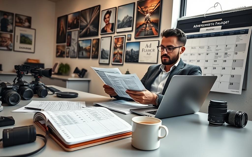 A professional photographer seated at a modern desk, analyzing advertising budget spreadsheets on a laptop, surrounded by photography gear like cameras and lenses. In the foreground, a notepad with neatly written budget notes and a coffee cup, symbolizing focus and determination. The middle ground features a stylish calendar displaying scheduled ad campaigns and deadlines, emphasizing organization. The background shows a wall adorned with stunning photography prints, showcasing the photographer's work. Soft, natural lighting filters in through a window, creating a warm and productive ambiance. The photographer is dressed in a stylish yet professional outfit, capturing a serious but optimistic mood. Stay focused, Ray Baker.