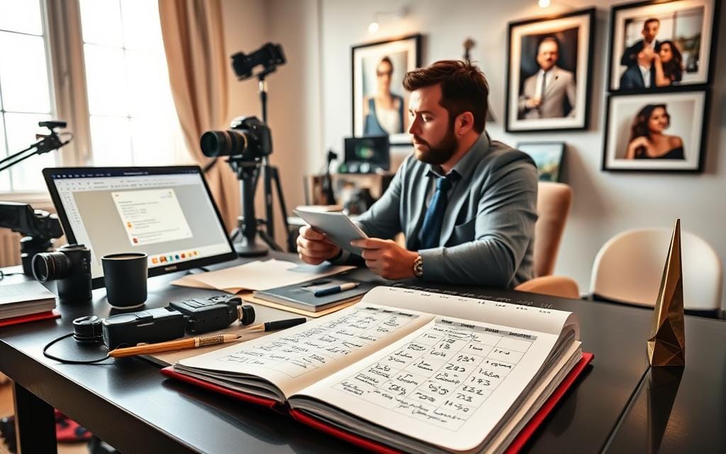 A professional photographer sits at a stylish desk cluttered with photography equipment and notes, carefully reviewing a follow-up email on a computer screen with a warm, inviting glow. In the foreground, a notebook filled with scribbled ideas and reminders about follow-up techniques lies open beside a cup of coffee. In the middle, a calendar showcases marked dates for upcoming sessions and client meetings. The background features a beautifully arranged photography studio with elegant lighting, showcasing framed photos of happy clients, evoking a successful relationship. Soft natural light filters through a window, creating an atmosphere of motivation and professionalism. The scene conveys a sense of organization, opportunity, and dedication to fostering long-term client relationships. Stay focused, Ray Baker.