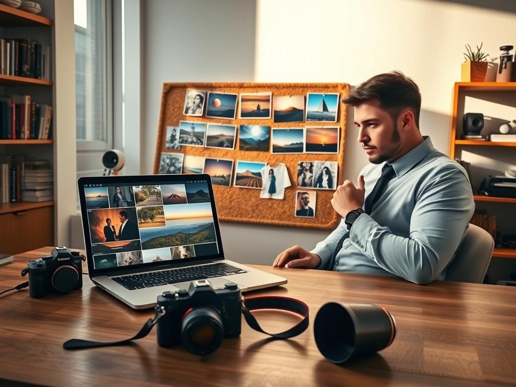 A professional photographer's workspace capturing the essence of portfolio building. In the foreground, a sleek camera on a wooden table next to a laptop displaying a stunning digital portfolio. In the middle, vibrant photos of landscapes, portraits, and product shots pinned on a corkboard. A soft light from a nearby window bathes the scene, creating a warm and inviting atmosphere, while shadows add depth. In the background, shelves lined with photography books and props hint at creativity and inspiration. The photographer, dressed in smart casual attire, is thoughtfully reviewing images on the laptop, embodying dedication and professionalism. The overall mood blends ambition and artistry, creating a compelling visual narrative that resonates with the theme of transforming practice images into sellable assets. Stay focused, Ray Baker.