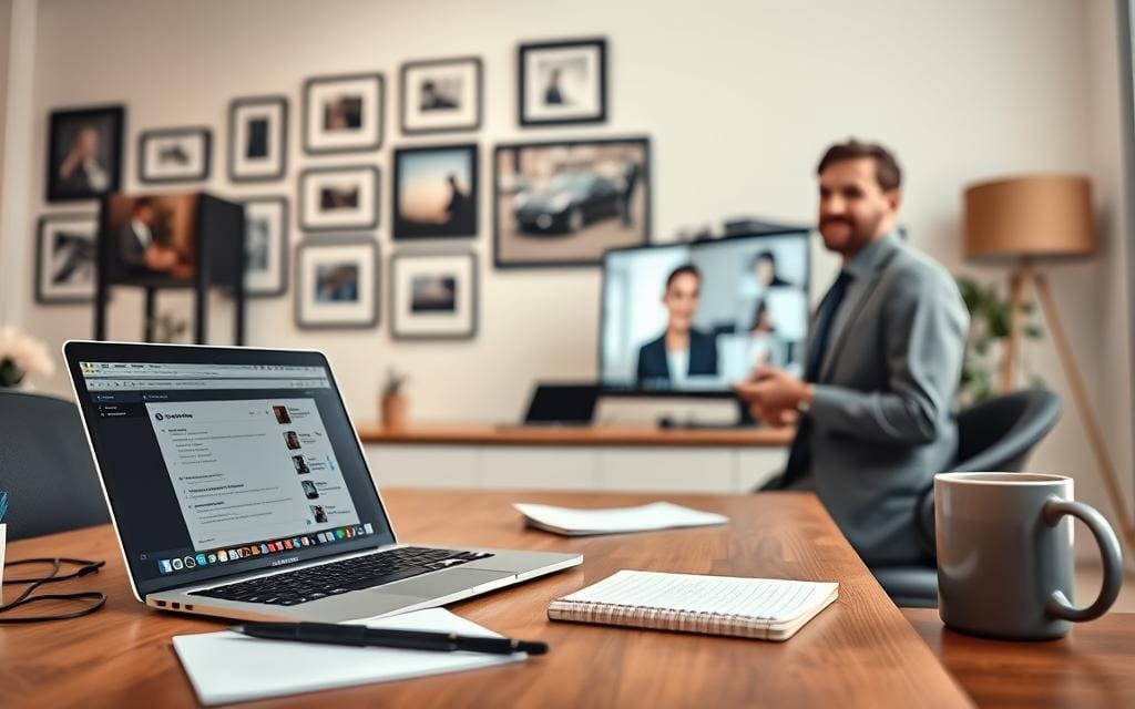 A professional photographer's workspace, focused on enhancing client communication and proactive follow-ups. In the foreground, a well-organized desk featuring a laptop with an open client communication tool, a notepad, and a coffee mug. The middle ground shows a thoughtful photographer in business casual attire, engaged in a virtual meeting with a client on a large screen, smiling and taking notes. In the background, soft natural lighting filters through a window, illuminating a wall adorned with framed photographs, creating a warm and inviting atmosphere. The lens captures a depth of field that emphasizes the interaction while blurring the background slightly. Convey a mood of professionalism, attentiveness, and open communication. Stay focused, Ray Baker.