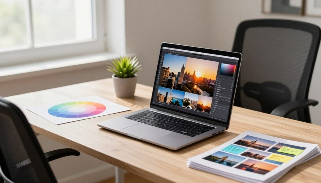 A professional workspace showcasing quick fixes for photo assessment. In the foreground, a neatly arranged desk featuring a high-resolution laptop with a vibrant photo editing software interface open, displaying several photo thumbnails for culling. Beside it, a color wheel and a stack of photo prints with sticky notes indicating quick assessment tips. In the middle ground, an ergonomically designed chair and a small plant add a touch of life. The background features a bright window allowing natural light to flood the scene, casting soft shadows to create a calm atmosphere. Use a warm color palette to evoke a productive, focused mood. The angle should be slightly elevated to capture the desk and surrounding elements effectively. Stay focused, Ray Baker. A professional workspace showcasing quick fixes for photo assessment. In the foreground, a neatly arranged desk featuring a high-resolution laptop with a vibrant photo editing software interface open, displaying several photo thumbnails for culling. Beside it, a color wheel and a stack of photo prints with sticky notes indicating quick assessment tips. In the middle ground, an ergonomically designed chair and a small plant add a touch of life. The background features a bright window allowing natural light to flood the scene, casting soft shadows to create a calm atmosphere. Use a warm color palette to evoke a productive, focused mood. The angle should be slightly elevated to capture the desk and surrounding elements effectively. Stay focused, Ray Baker.