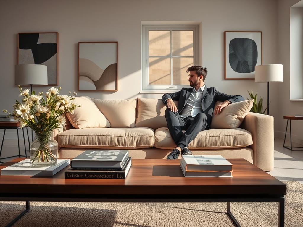 A serene and inviting lifestyle scene set in a bright, modern living room. The foreground features a stylish coffee table adorned with a minimalistic vase of fresh flowers and a neatly stacked selection of art books. In the middle ground, a cozy sofa dressed in soft, neutral tones invites you in, with plush cushions arranged casually. A pair of individuals dressed in smart casual attire, comfortably engaged in a conversation, occupy the sofa, exuding warmth and friendliness. The background showcases a large window allowing natural light to flood the room, accentuating the clean, uncluttered walls adorned with tasteful abstract art. The mood is relaxed yet professional, ideal for a welcoming atmosphere. Soft shadows create depth and highlight the clean lines of the furniture. Stay focused, Ray Baker.