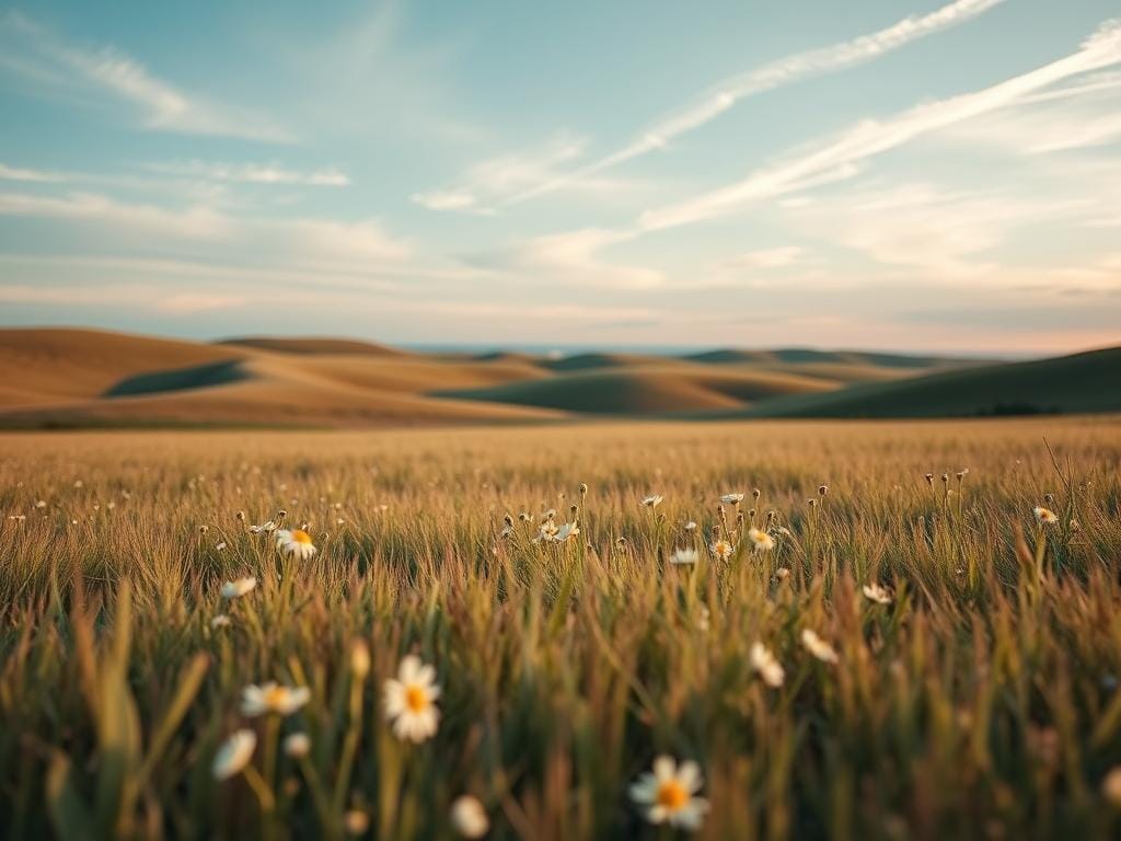 A serene landscape featuring a vast, open field as the foreground, where delicate wildflowers bloom sporadically, creating intentional clusters. The middle ground reveals gentle rolling hills, bathed in soft, natural light, casting subtle shadows that enhance the negative space surrounding the flowers. In the background, a tranquil sky transitions from soft pastels of dawn to a deeper blue, with wispy clouds stretching across the canvas. The composition emphasizes balance, using the expansive negative space to draw attention to the minimal yet vivid elements within the frame. The atmosphere is peaceful and contemplative, inviting viewers to appreciate the calmness and intention behind the spacing. Shot with a wide-angle lens from a low angle, capturing the vastness of the scene while ensuring clarity and detail. Stay focused, Ray Baker.
