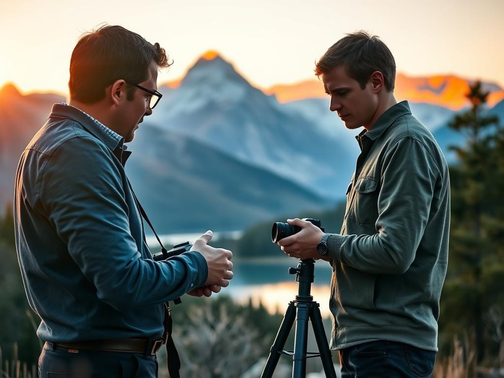 A serene landscape photography mentorship scene, featuring a professional photographer in smart casual attire guiding an eager student in modest clothing. The foreground shows them analyzing camera settings and discussing photographic techniques, with a DSLR camera and a tripod positioned nearby. In the middle ground, they are framed against a striking mountain landscape at golden hour, with warm sunlight casting long shadows and illuminating vibrant colors in the sky and terrain. The background reveals lush trees and a calm lake reflecting the dramatic scenery. The atmosphere is focused and encouraging, embodying the essence of mentorship and creativity in photography. Soft bokeh effects enhance the feeling of depth. Stay focused, Ray Baker.