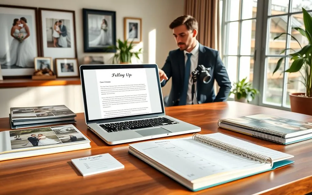 A serene office environment with a wooden desk showcasing elegant wedding photography albums and contact cards. In the foreground, a laptop screen displays a well-designed follow-up email, while a neatly organized planner lies open, illustrating scheduling and tracking tasks. The middle layer features a professional photographer, dressed in smart casual attire, pointing to the screen thoughtfully. Natural light streams in through a large window, casting soft shadows and creating a warm, inviting atmosphere. The background includes tasteful decor, such as framed wedding photos and plants, enhancing the feeling of professionalism and creativity. The overall mood is focused, supportive, and collaborative, emphasizing the importance of post-consultation follow-up in building lasting client relationships. Stay focused, Ray Baker. A serene office environment with a wooden desk showcasing elegant wedding photography albums and contact cards. In the foreground, a laptop screen displays a well-designed follow-up email, while a neatly organized planner lies open, illustrating scheduling and tracking tasks. The middle layer features a professional photographer, dressed in smart casual attire, pointing to the screen thoughtfully. Natural light streams in through a large window, casting soft shadows and creating a warm, inviting atmosphere. The background includes tasteful decor, such as framed wedding photos and plants, enhancing the feeling of professionalism and creativity. The overall mood is focused, supportive, and collaborative, emphasizing the importance of post-consultation follow-up in building lasting client relationships. Stay focused, Ray Baker.