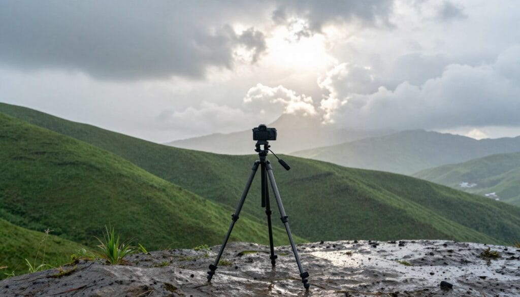 A serene outdoor landscape depicting varying weather conditions and diverse terrain for photography. In the foreground, a sturdy tripod stands firmly on rocky ground, showcasing a camera mounted at eye level, ready for a shot. In the middle ground, a slight sea of lush green hills gently rises under an overcast sky, while raindrops subtly impact the ground, creating glistening effects. Cloud formations swirl above, suggesting an impending storm, with patches of sunlight breaking through. The background reveals a distant mountain range partially shrouded in mist, enhancing the atmospheric mood. Soft, diffused lighting enhances the scene, and elements of moisture are captured in the air, creating a dynamic atmosphere. Stay focused, Ray Baker.