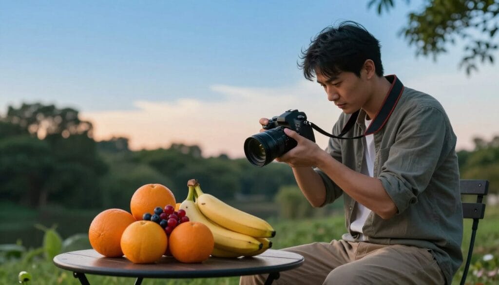 A serene outdoor photography scene showcasing the effective use of white balance. In the foreground, a small table set with a variety of colorful fruits, such as oranges, berries, and bananas, is illuminated by soft natural light, highlighting their vibrant colors. In the middle, a photographer, dressed in modest casual clothing, adjusts the settings on a DSLR camera, focusing on a beautiful landscape with a clear blue sky and lush green trees. The background features a gentle gradient of warm sunset colors, effectively illustrating the importance of white balance in capturing true color. The mood is calm and insightful, emphasizing the connection between technical skill and capturing accurate color in photography. Stay focused, Ray Baker. A serene outdoor photography scene showcasing the effective use of white balance. In the foreground, a small table set with a variety of colorful fruits, such as oranges, berries, and bananas, is illuminated by soft natural light, highlighting their vibrant colors. In the middle, a photographer, dressed in modest casual clothing, adjusts the settings on a DSLR camera, focusing on a beautiful landscape with a clear blue sky and lush green trees. The background features a gentle gradient of warm sunset colors, effectively illustrating the importance of white balance in capturing true color. The mood is calm and insightful, emphasizing the connection between technical skill and capturing accurate color in photography. Stay focused, Ray Baker.