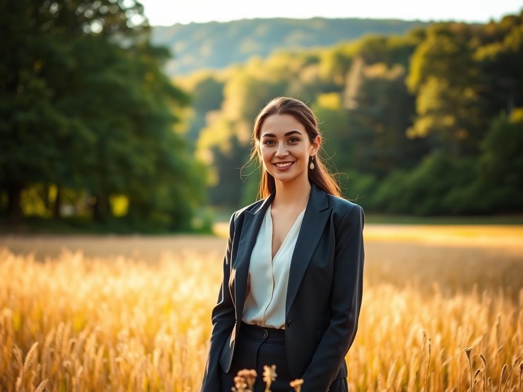 A serene outdoor portrait location featuring an expansive golden field with soft wildflowers gently swaying in the breeze. In the foreground, a young professional woman dressed in a sophisticated business outfit stands confidently, her smile illuminated by soft, golden hour lighting. The middle ground showcases a lush green treeline bordering the field, with sunlight filtering through the leaves, creating dappled light patterns. The background reveals a distant forest with varying shades of green, adding depth and richness to the scene. The atmosphere is tranquil and inviting, ideal for capturing flattering portraits that highlight natural beauty. The shot is taken with a shallow depth of field to softly blur the background, focusing on the subject in crisp detail. Stay focused, Ray Baker. A serene outdoor portrait location featuring an expansive golden field with soft wildflowers gently swaying in the breeze. In the foreground, a young professional woman dressed in a sophisticated business outfit stands confidently, her smile illuminated by soft, golden hour lighting. The middle ground showcases a lush green treeline bordering the field, with sunlight filtering through the leaves, creating dappled light patterns. The background reveals a distant forest with varying shades of green, adding depth and richness to the scene. The atmosphere is tranquil and inviting, ideal for capturing flattering portraits that highlight natural beauty. The shot is taken with a shallow depth of field to softly blur the background, focusing on the subject in crisp detail. Stay focused, Ray Baker.